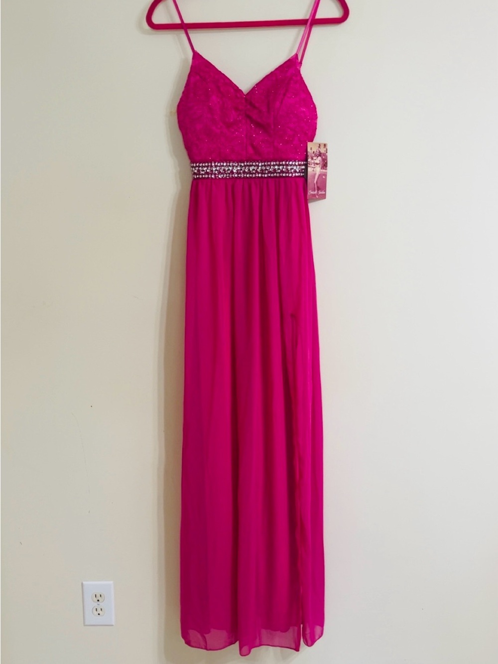 Fuchsia Beaded Waist Lace Bodice Maxi Dress